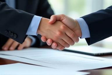 Image representing rights management negotiation with a handshake and documents